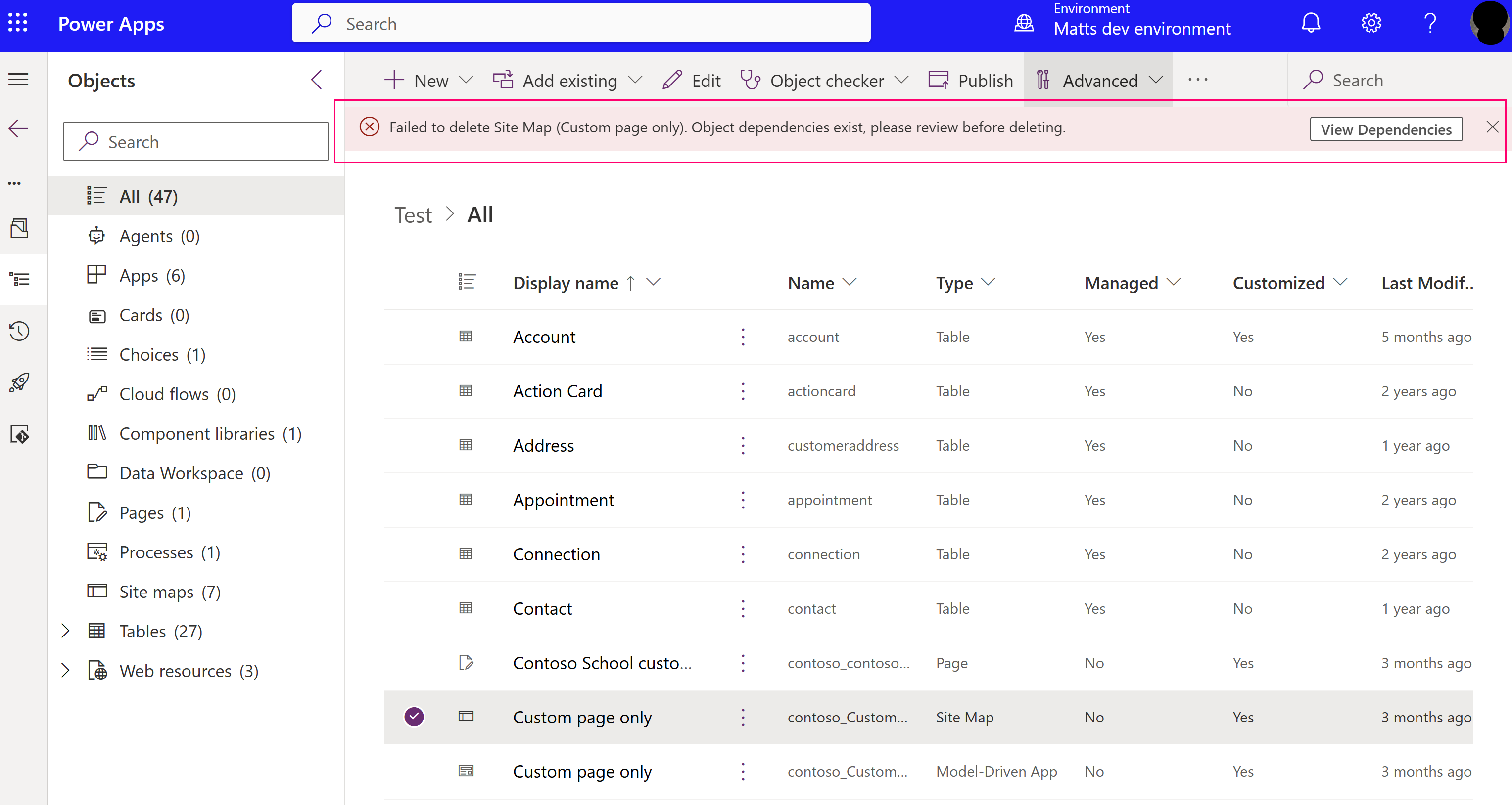 System detects a dependency where the app is dependent on the site map.