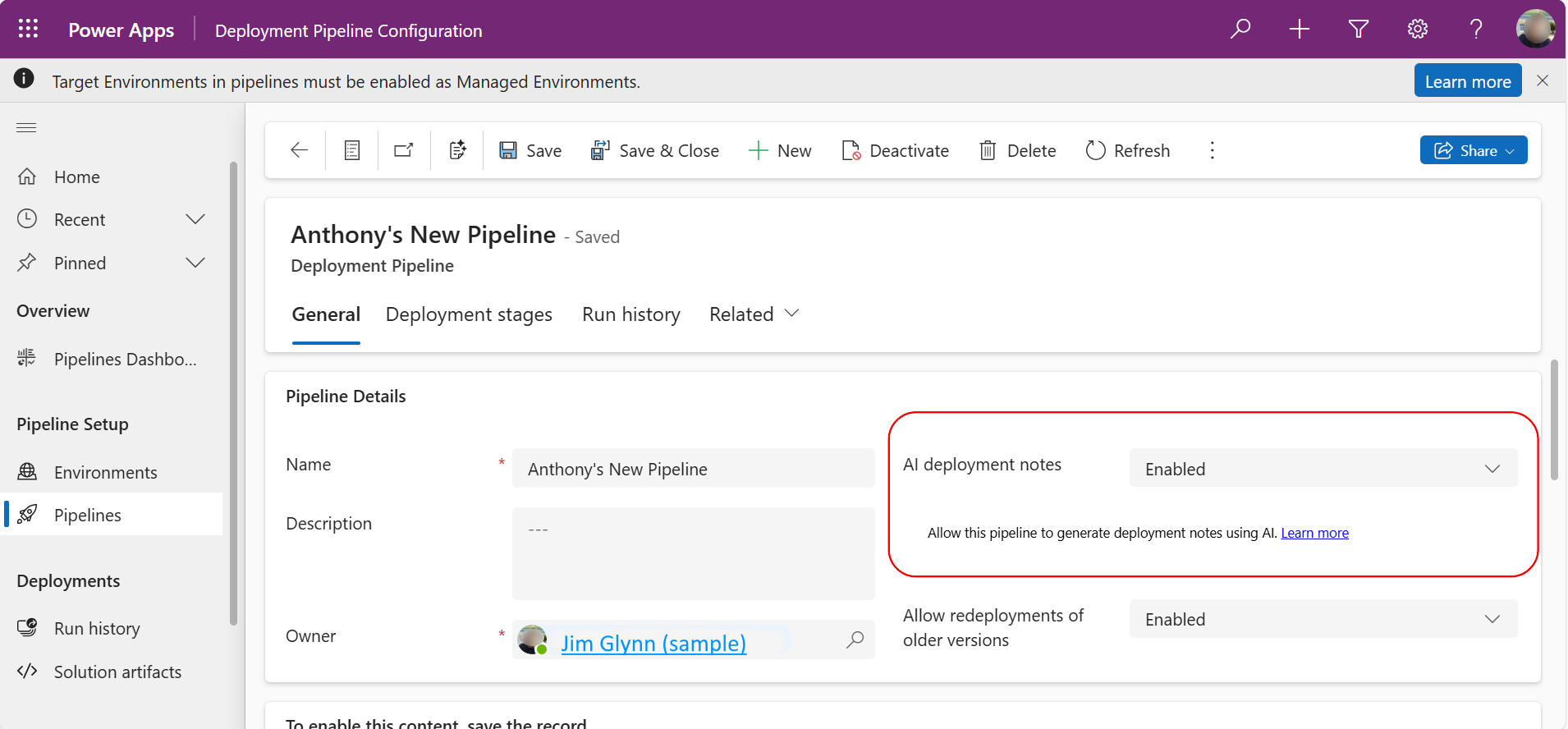Enable AI deployment notes in pipeline settings within the Deployment Pipeline Configuration app