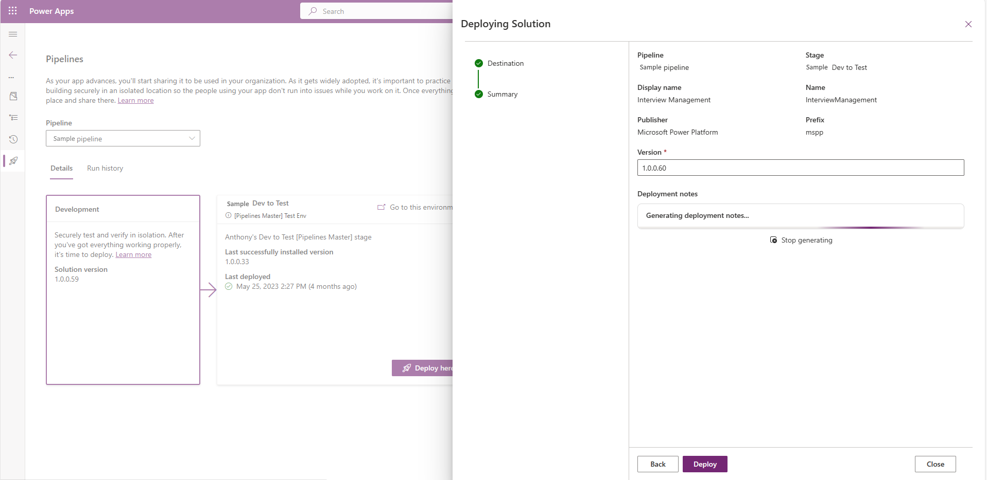 Deployment notes generated by AI, containing a solution description and component overview