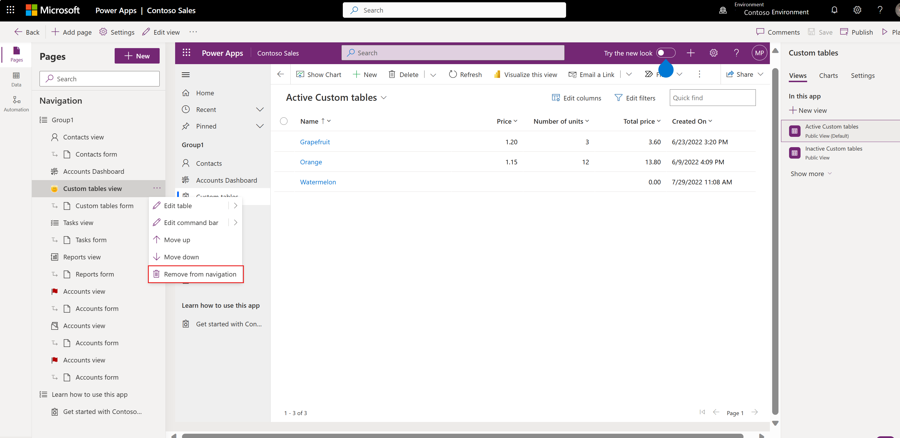 Remove the custom table from the navigation