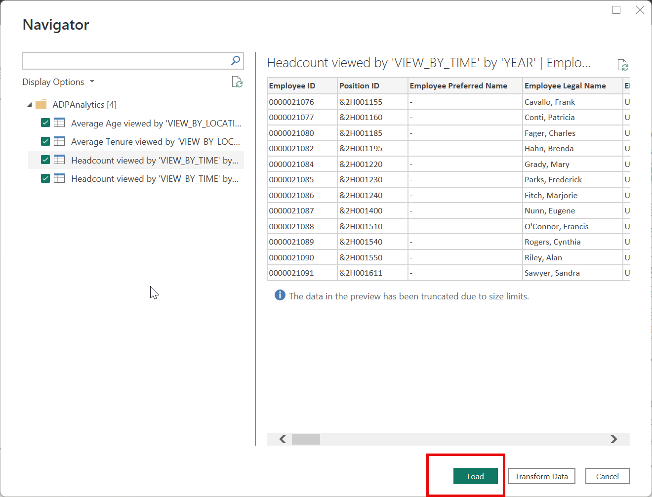 Screenshot of the Navigator dialog with the Load button emphasized.