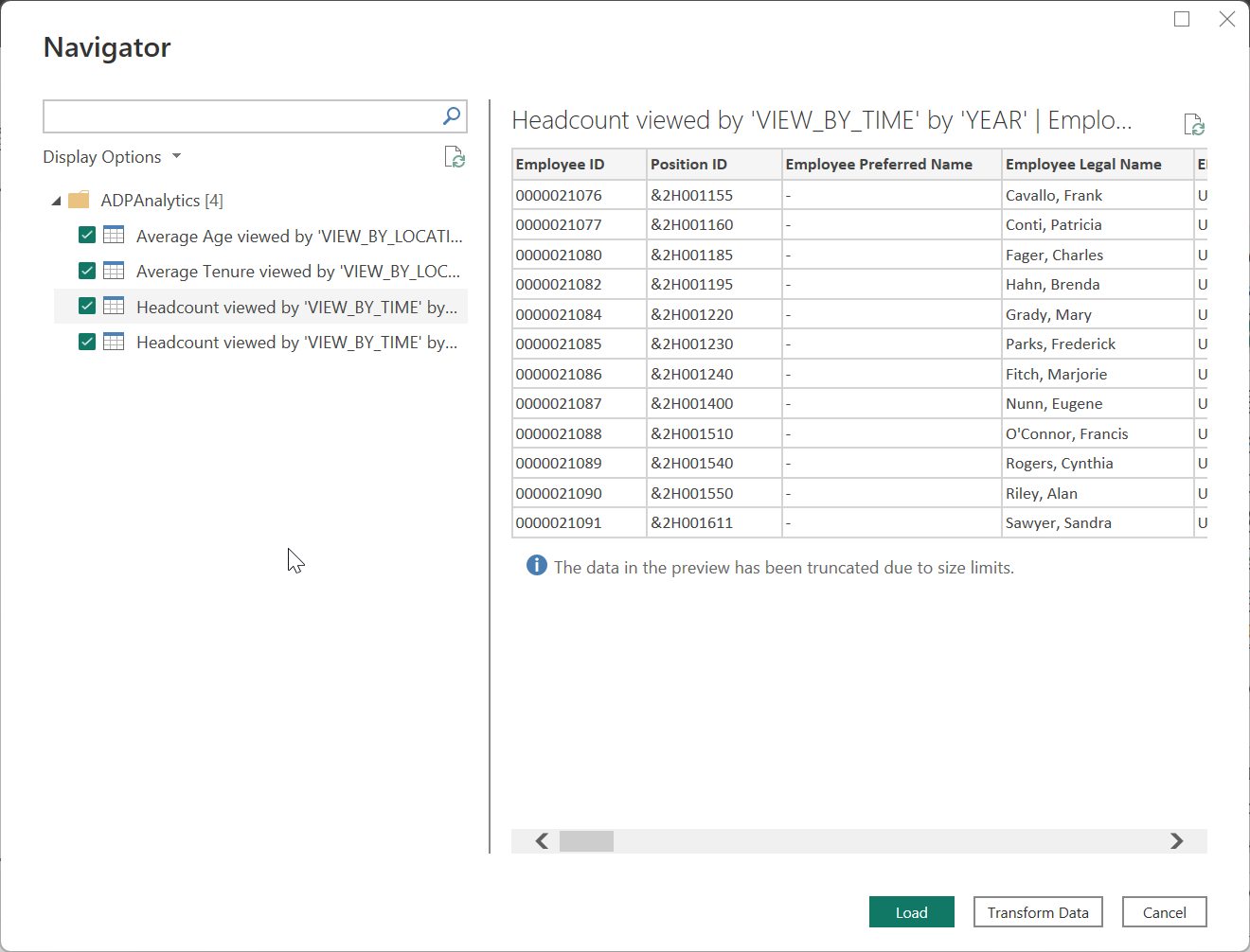 Screenshot of the Navigator dialog where you select the ADP Analytics tables to use.