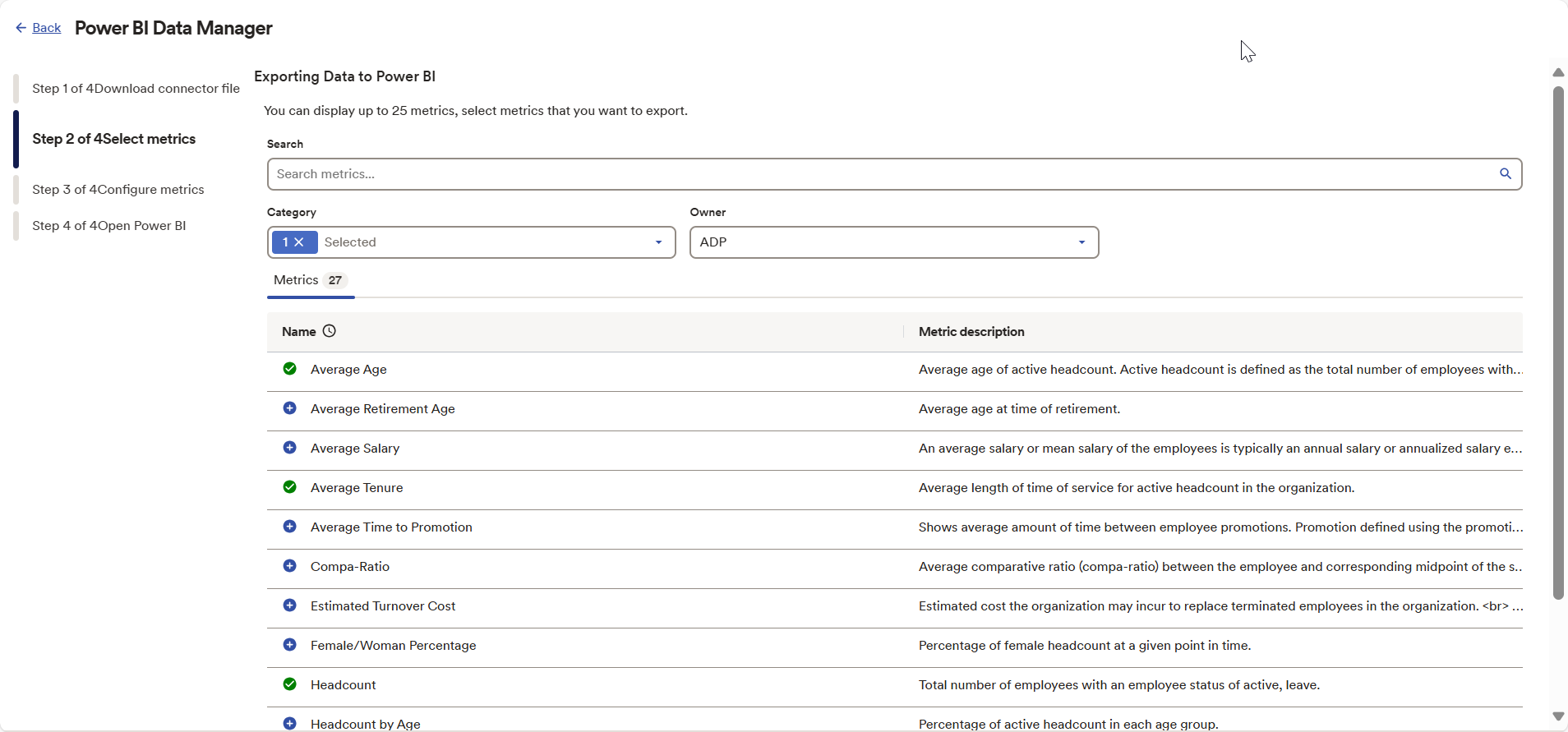 Screenshot of the Power BI Data Manager with the Select metrics in ADP Analytics step displayed.