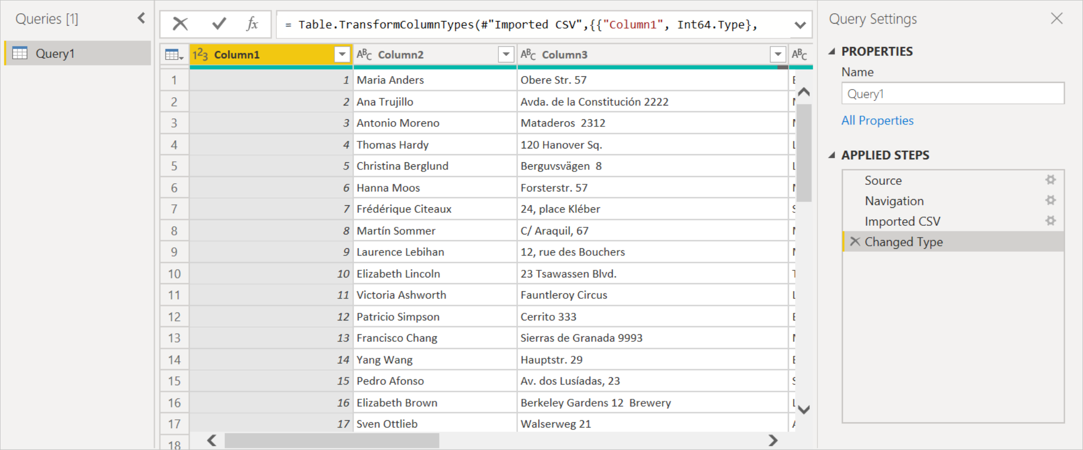 Screenshot of the Power Query editor, showing the data from the Binary field expanded to a table with names and addresses, with Imported CSV and Changed Type added to the Applied Steps panel.