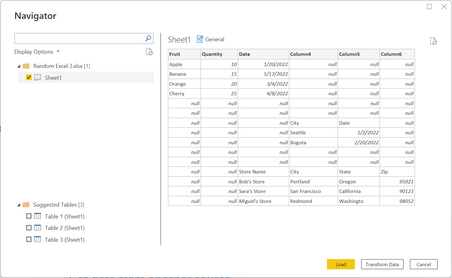 Screenshot of the navigator with single sheet displayed with nulls in empty cells.