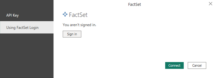 Screenshot of the Authentication dialog box with the FactSet Login highlighted.