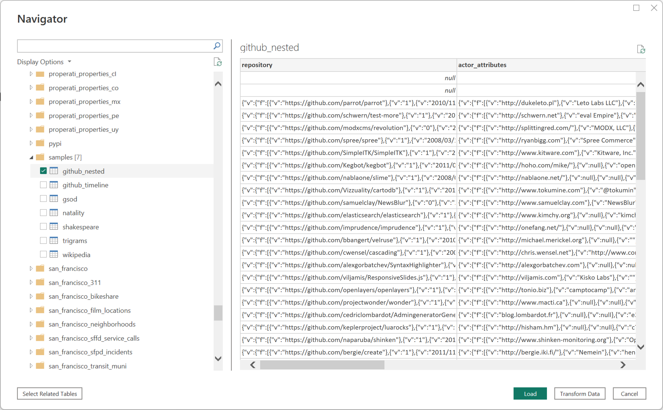 Screenshot of the Google BigQuery nested fields support.