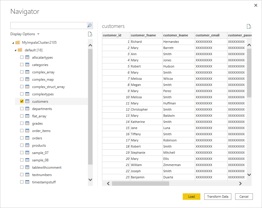 Image of the Navigator, with the default database and customers data selected on the left, with the customer data displayed on the right.