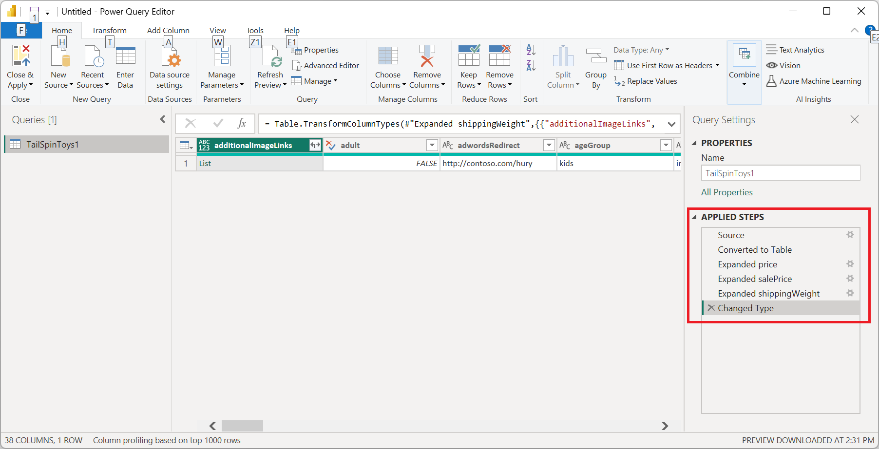 Screenshot of the Power Query editor demonstrating automatic table detection.