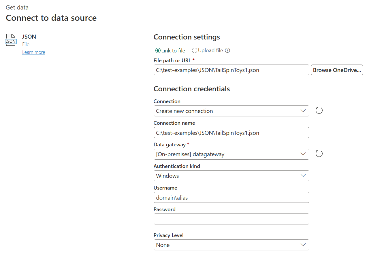 Screenshot of the JSON connection setting dialog from the online service.