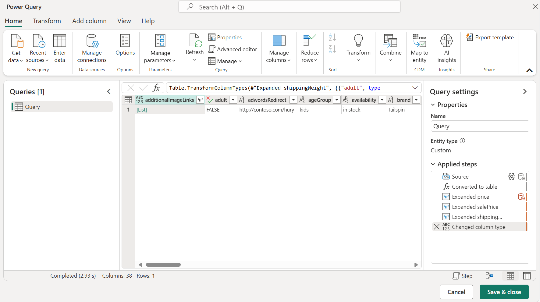 Screenshot of the online Power Query editor with the JSON data flattened into a table.