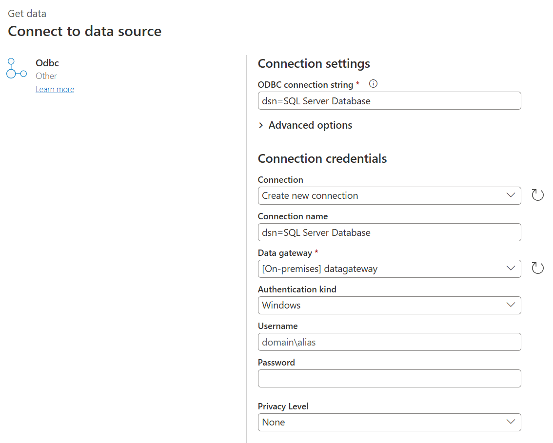 Screenshot of the ODBC page, with the connection string set to the SQL Server database.