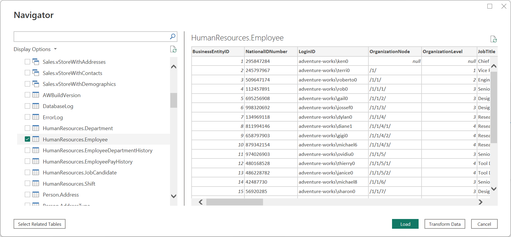 Screenshot of the Power Query Desktop Navigator showing the Human Resources employee data in PostgreSQL database.
