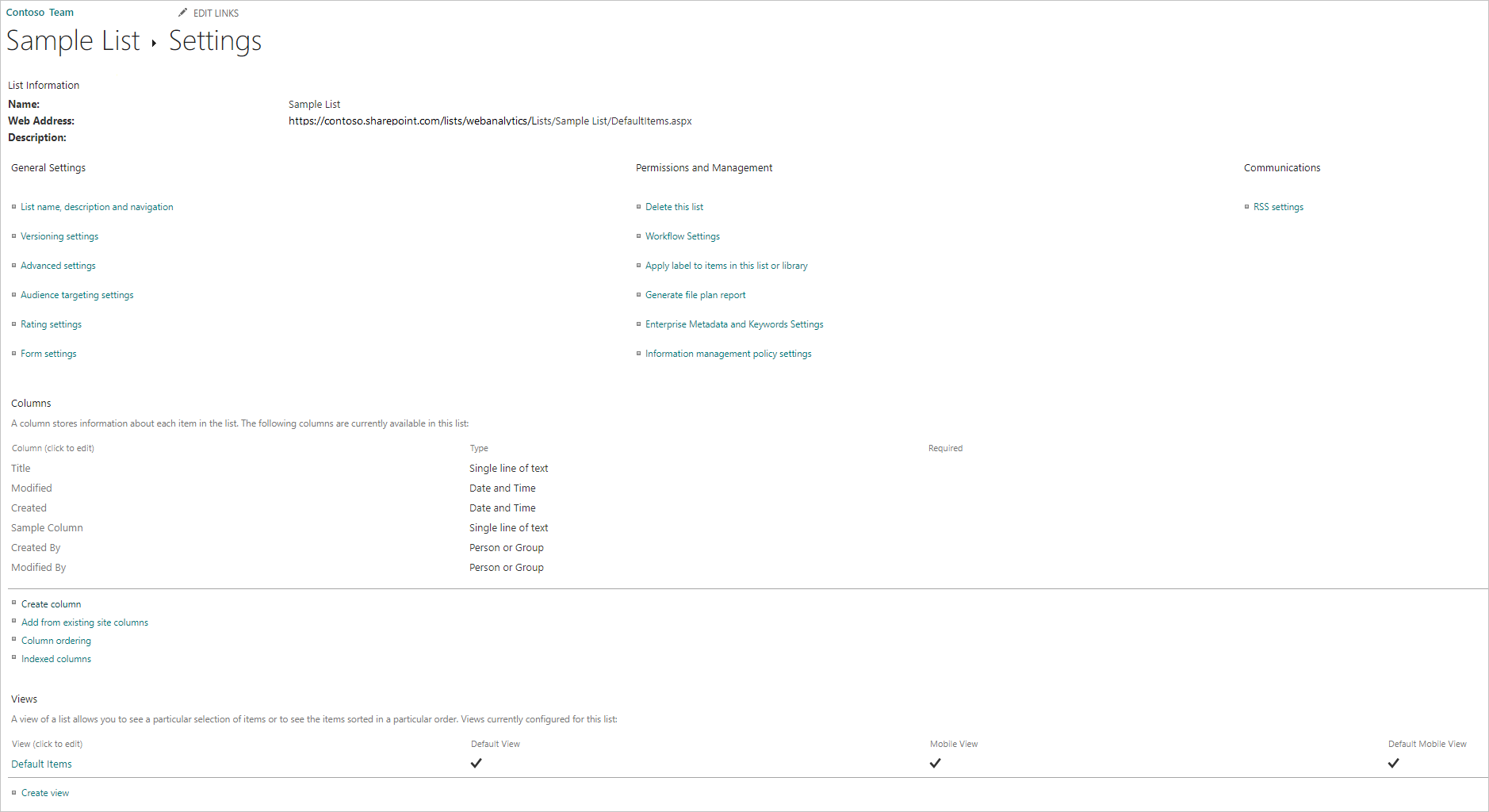 A screen showing a sample of SharePoint Online list default view.