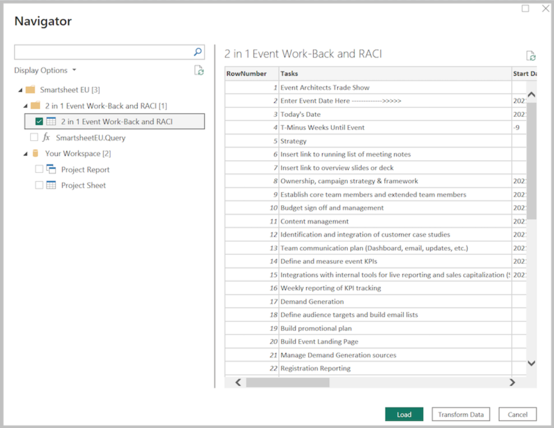 Screenshot of the navigator where you select the data you want to use.