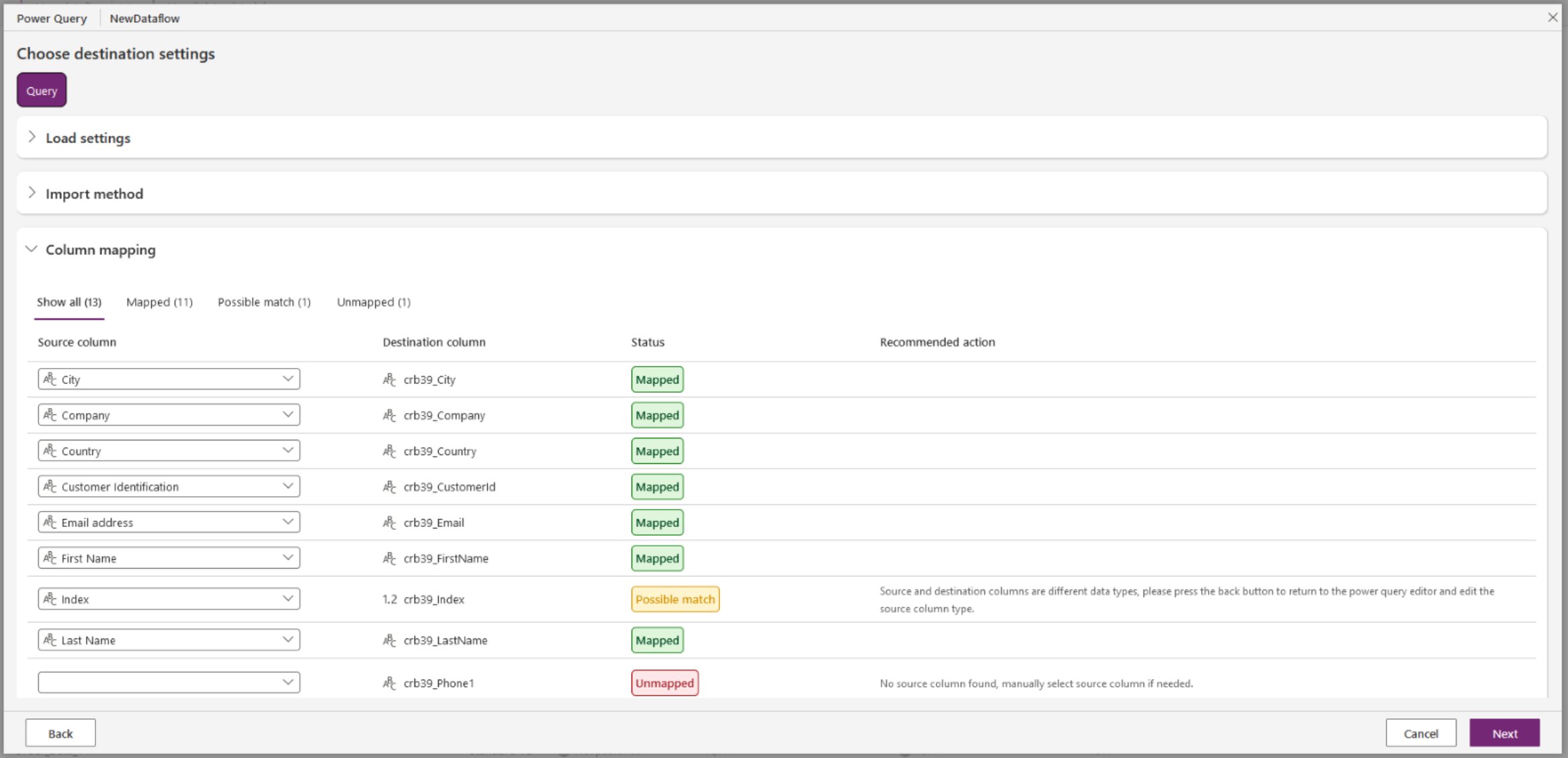 Screenshot of the Choose destination settings dialog with the column mapping choices displayed.