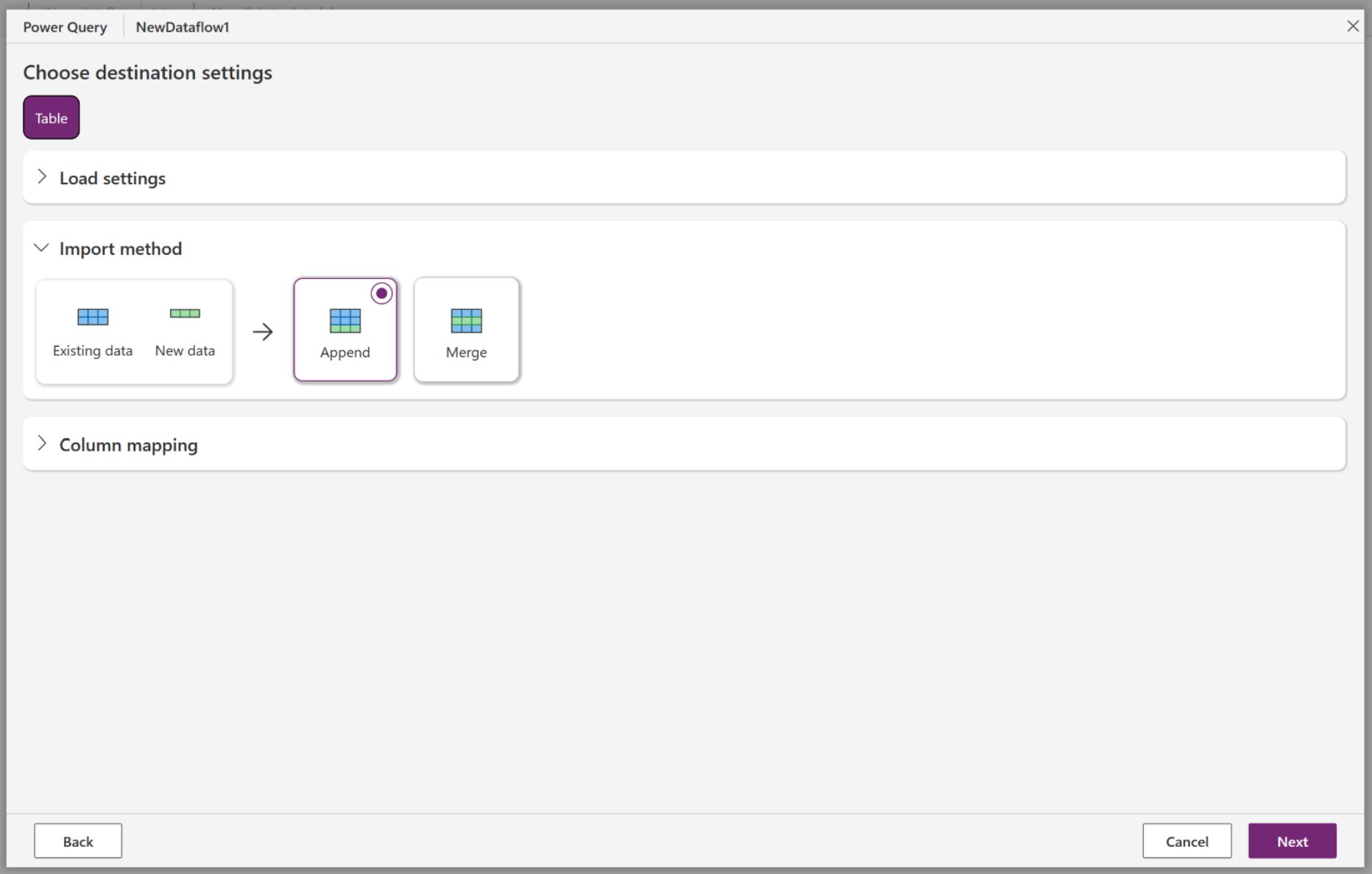 Screenshot of the Choose destination settings dialog with the import method choice displayed.