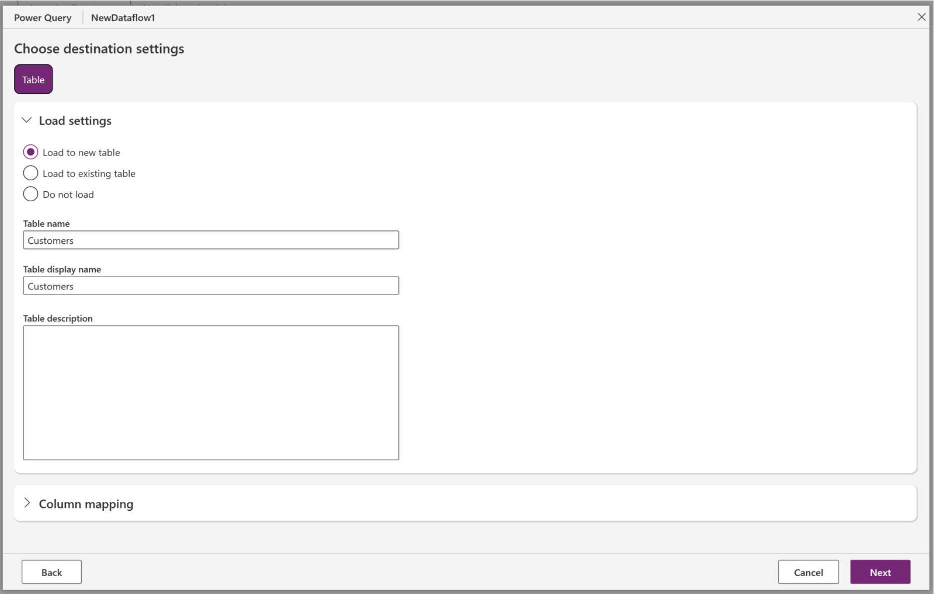 Screenshot of the load settings menu with Load to new table set.
