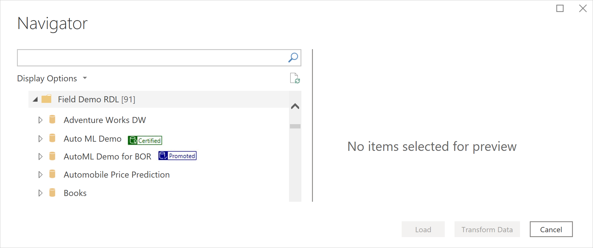 Screenshot of the Power Query Navigator showing the promoted and certified endorsement labels on specific dataflows.