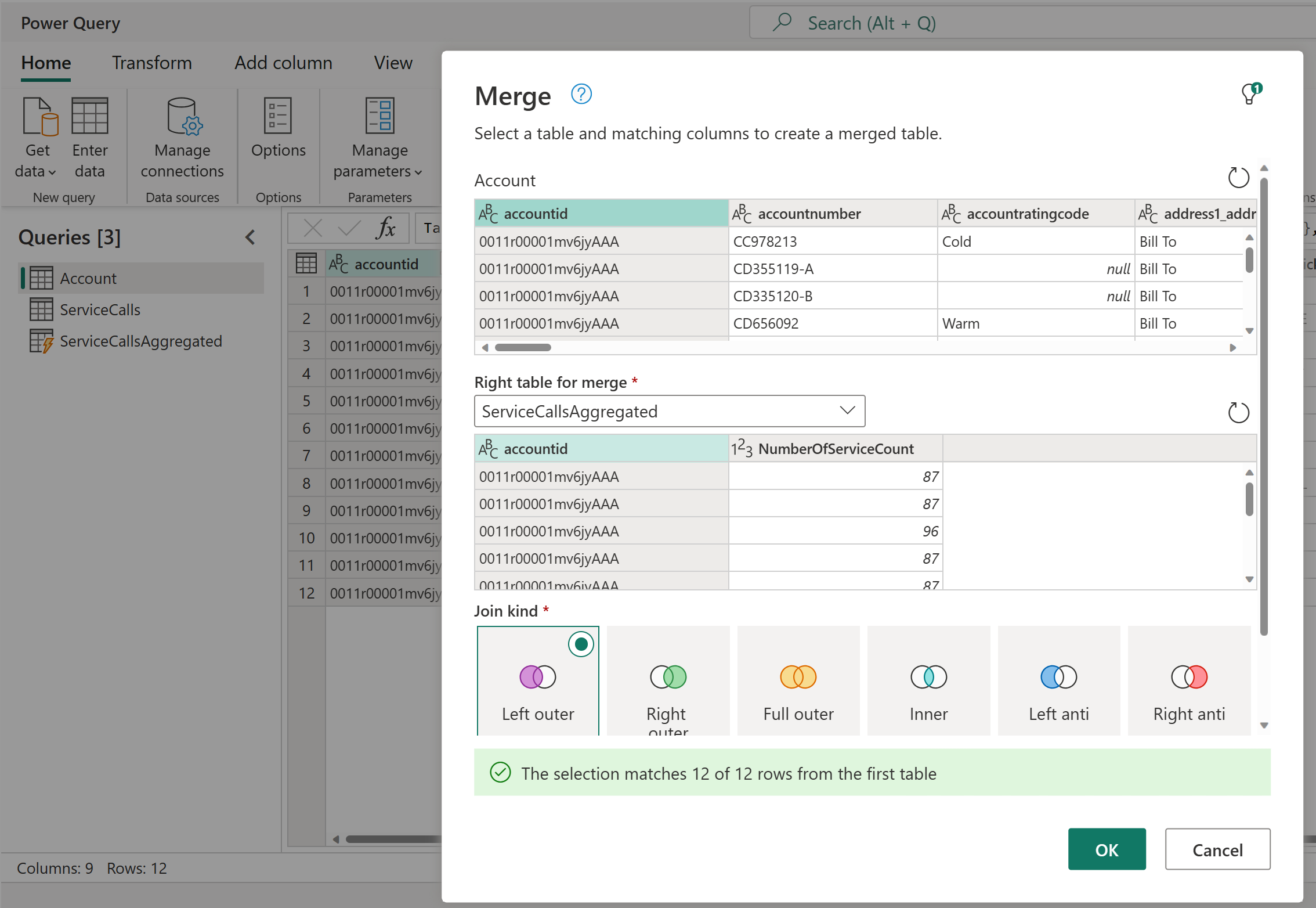 Screenshot of the Merge dialog merging the account table with the ServiceCallsAggregated table.