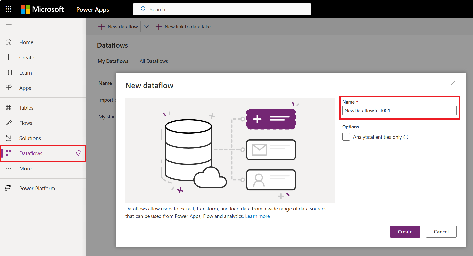 Screenshot of the Power Apps new dataflow dialog, where you select the name of your new dataflow.