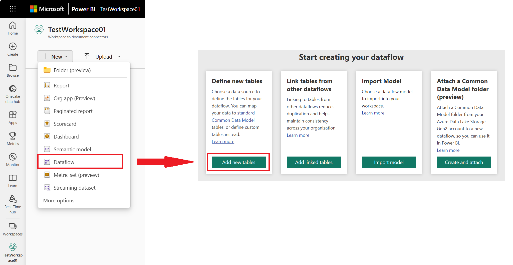 Screenshot of the Power BI service where you add tables from the new dataflow command.