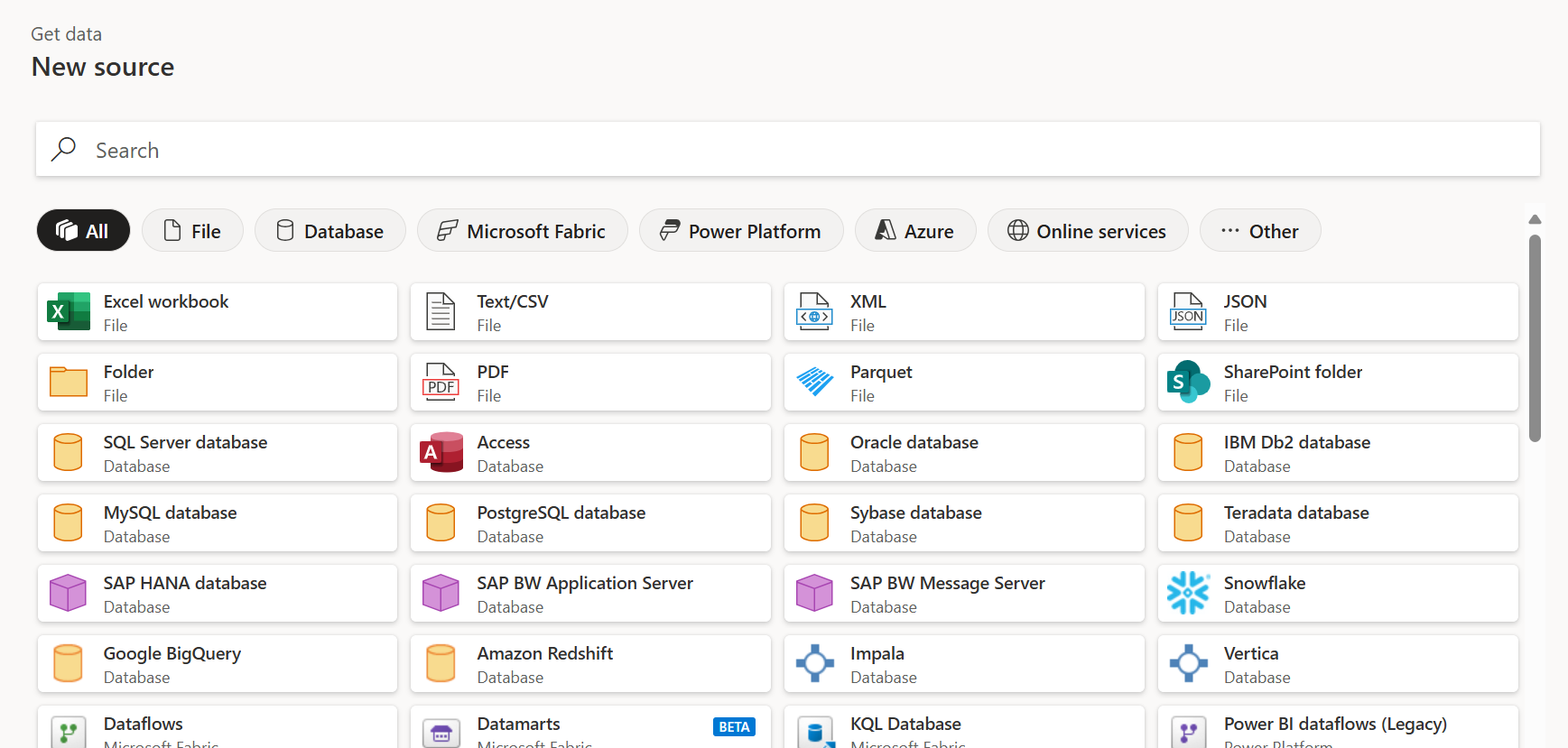Screenshot of the Choose data source page displayed after selecting view more, including the categories at the top and then the list of connectors.