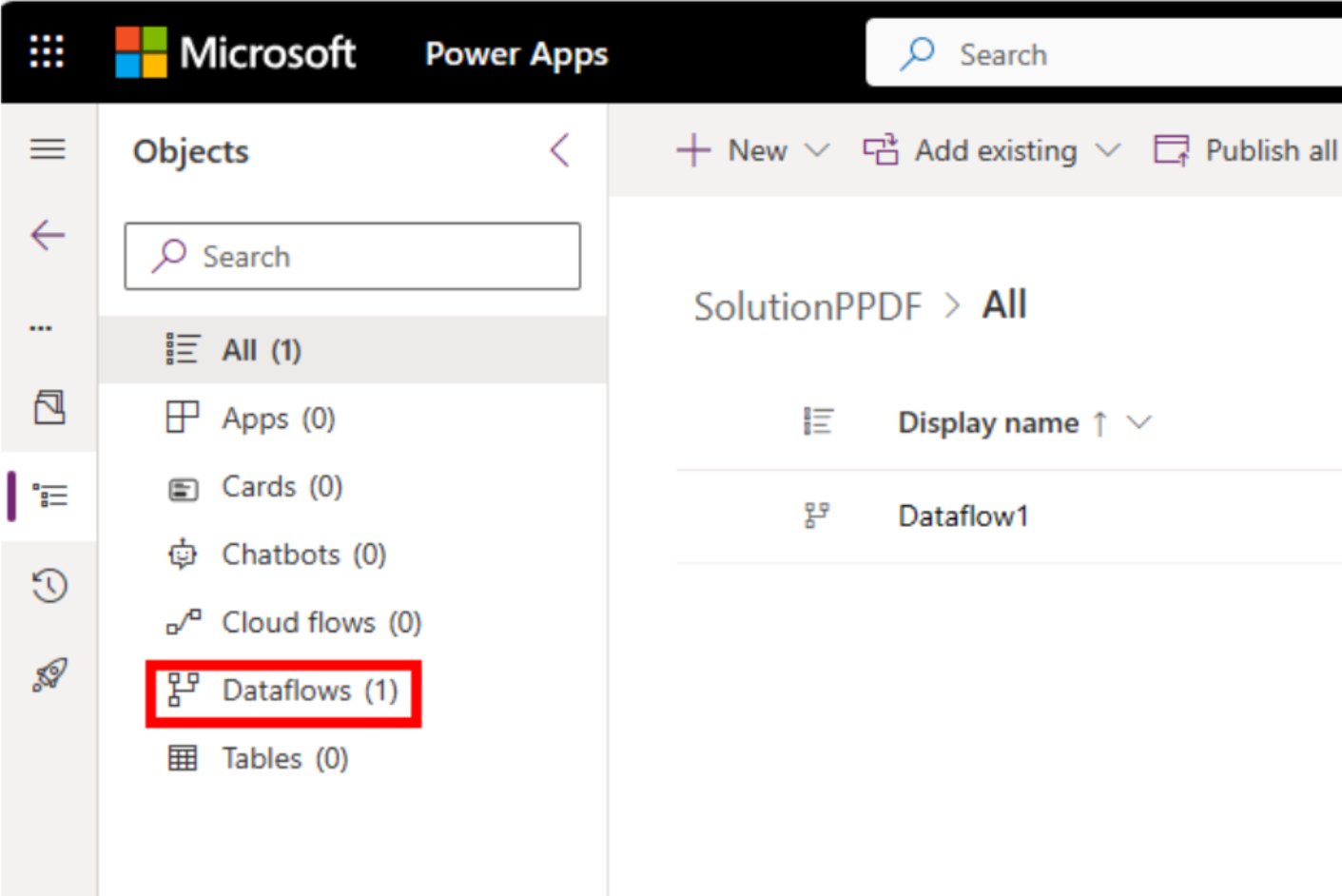 Screenshot of the dataflow added to the solution.