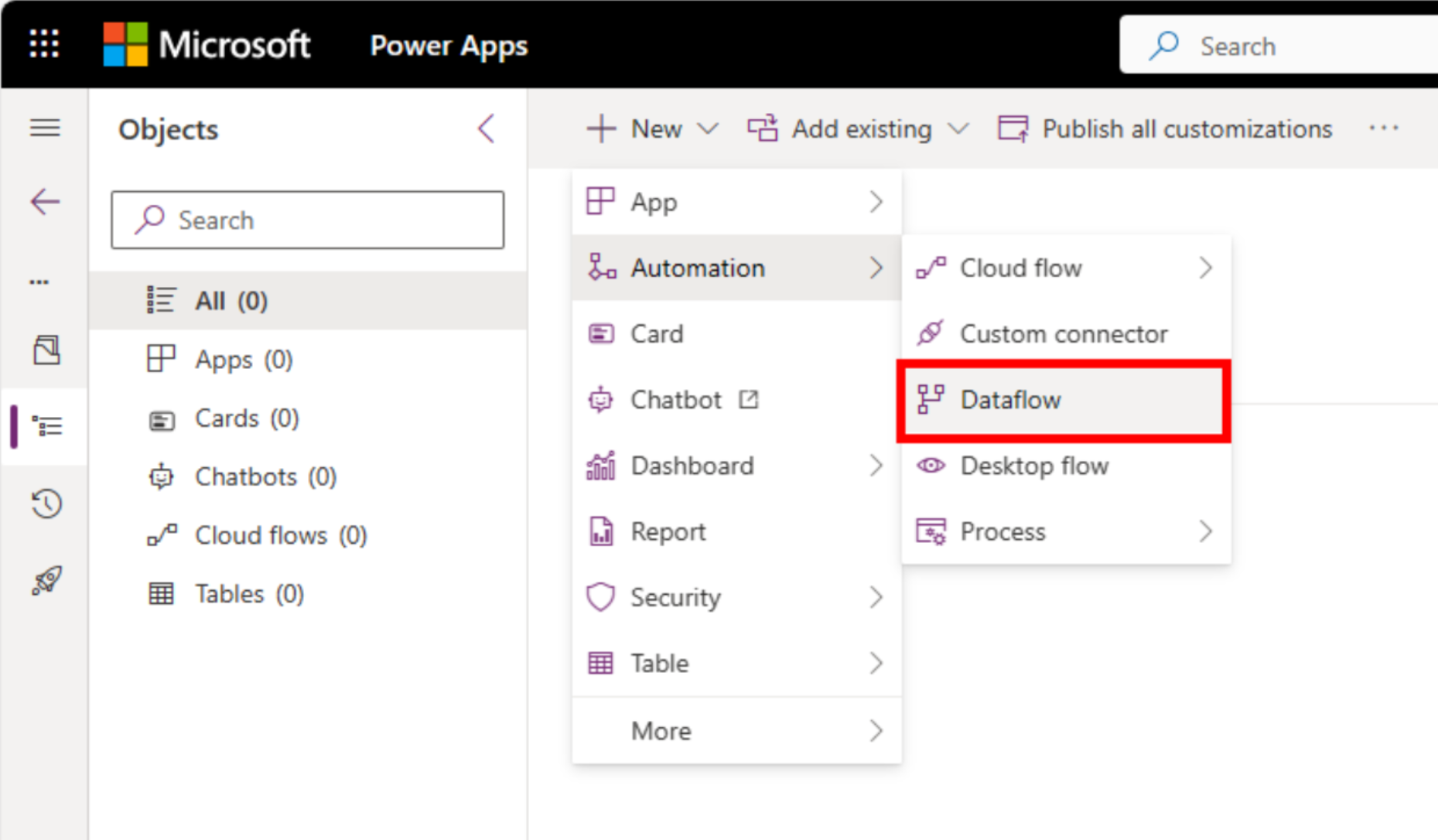 Screenhot of the opened New menu with Automation shown and Dataflow selected.