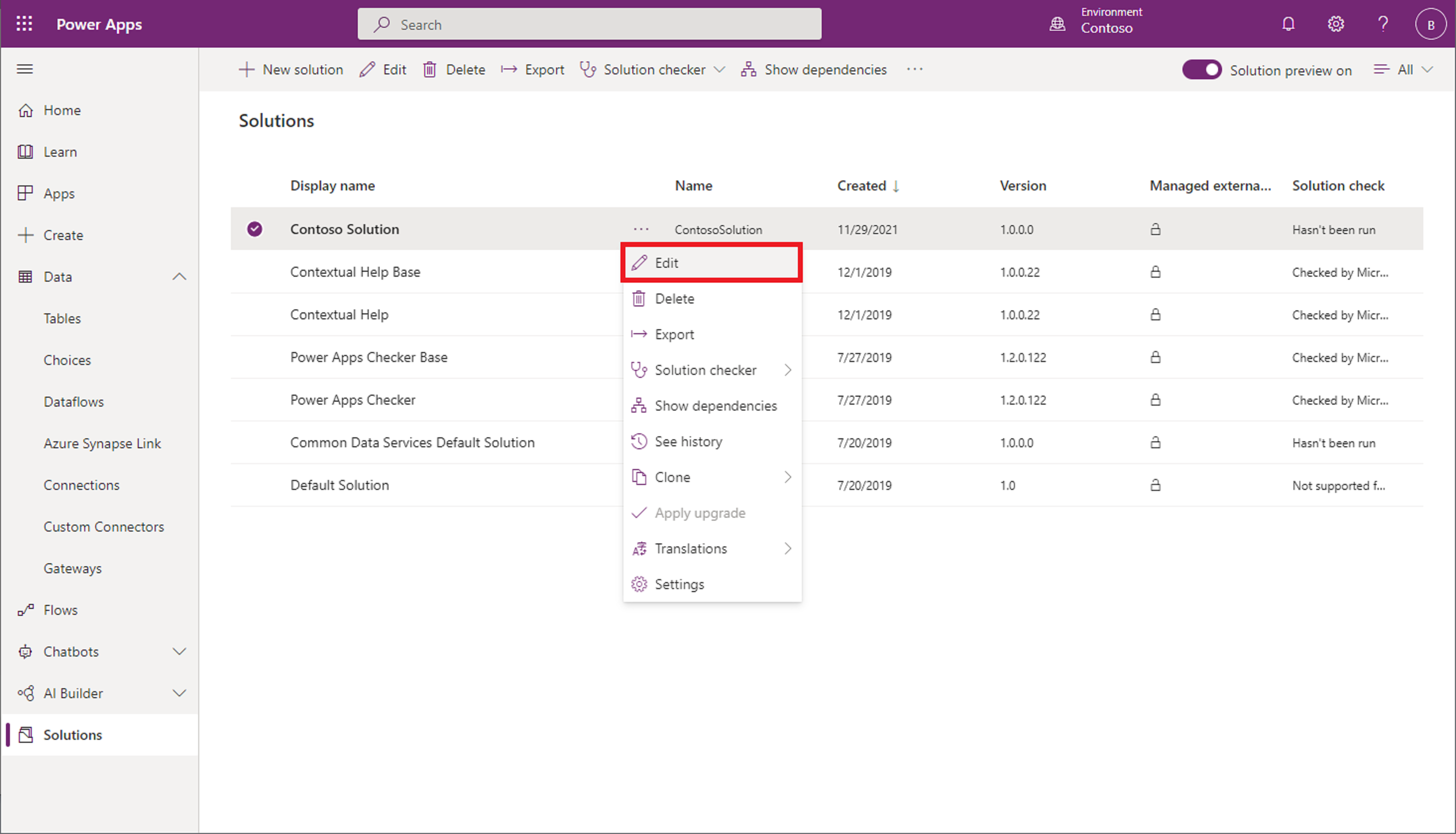 Screenshot of the list of solutions.