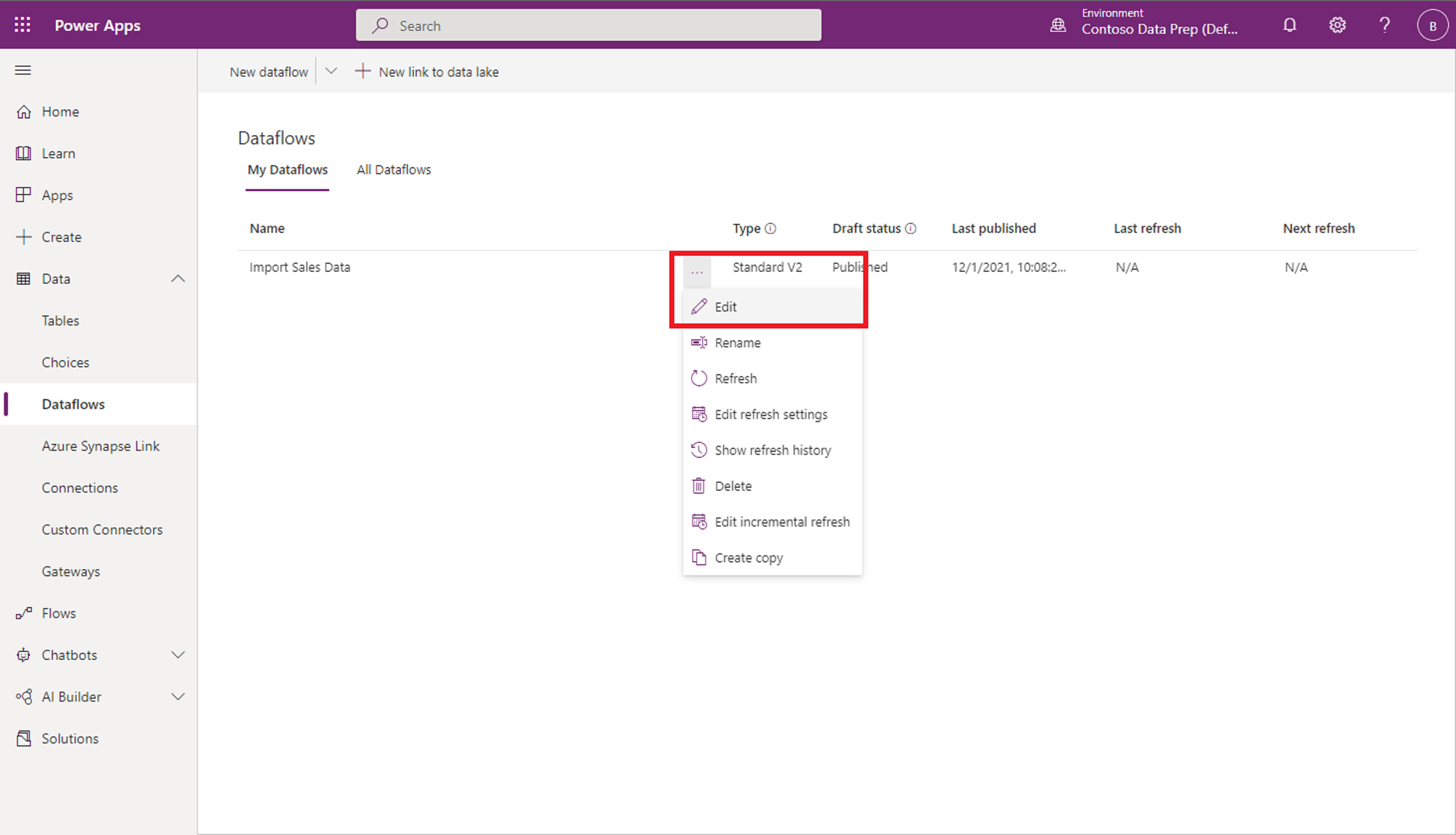 Screenshot showing navigation to the dataflow tab.