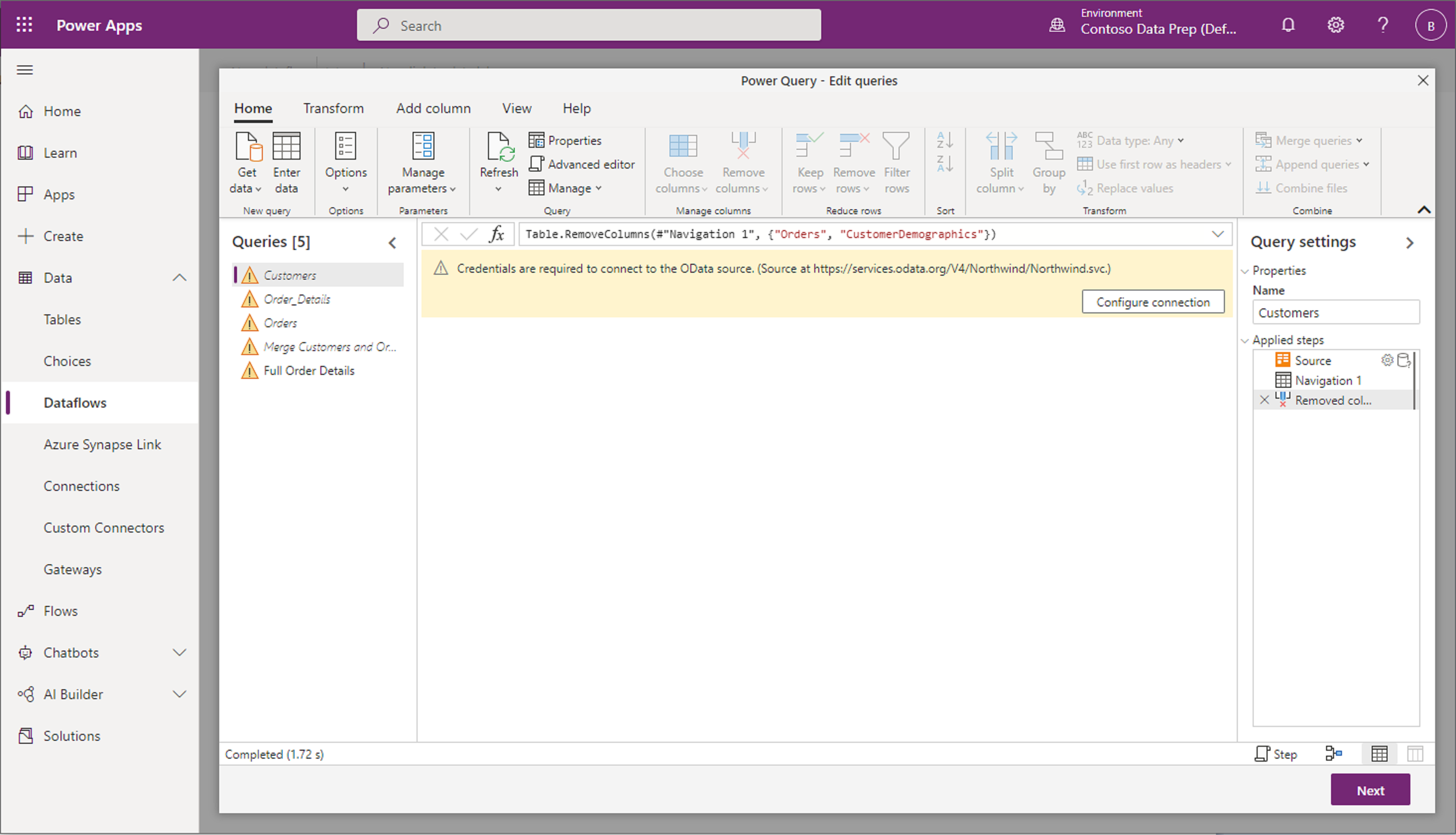 Screenshot of power query prompting for credentials.