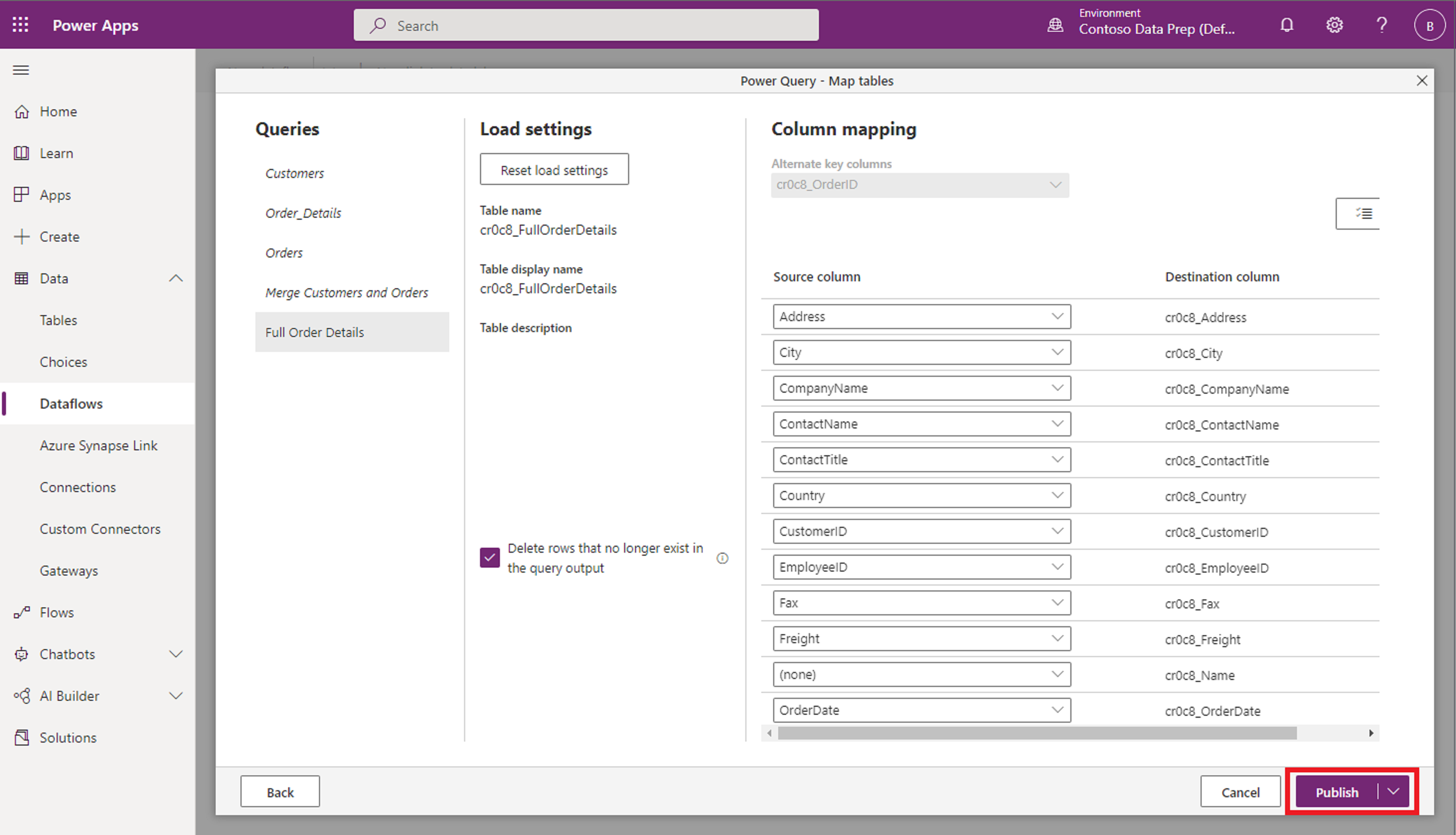 Screenshot of the map tables experience with preconfigured selections.