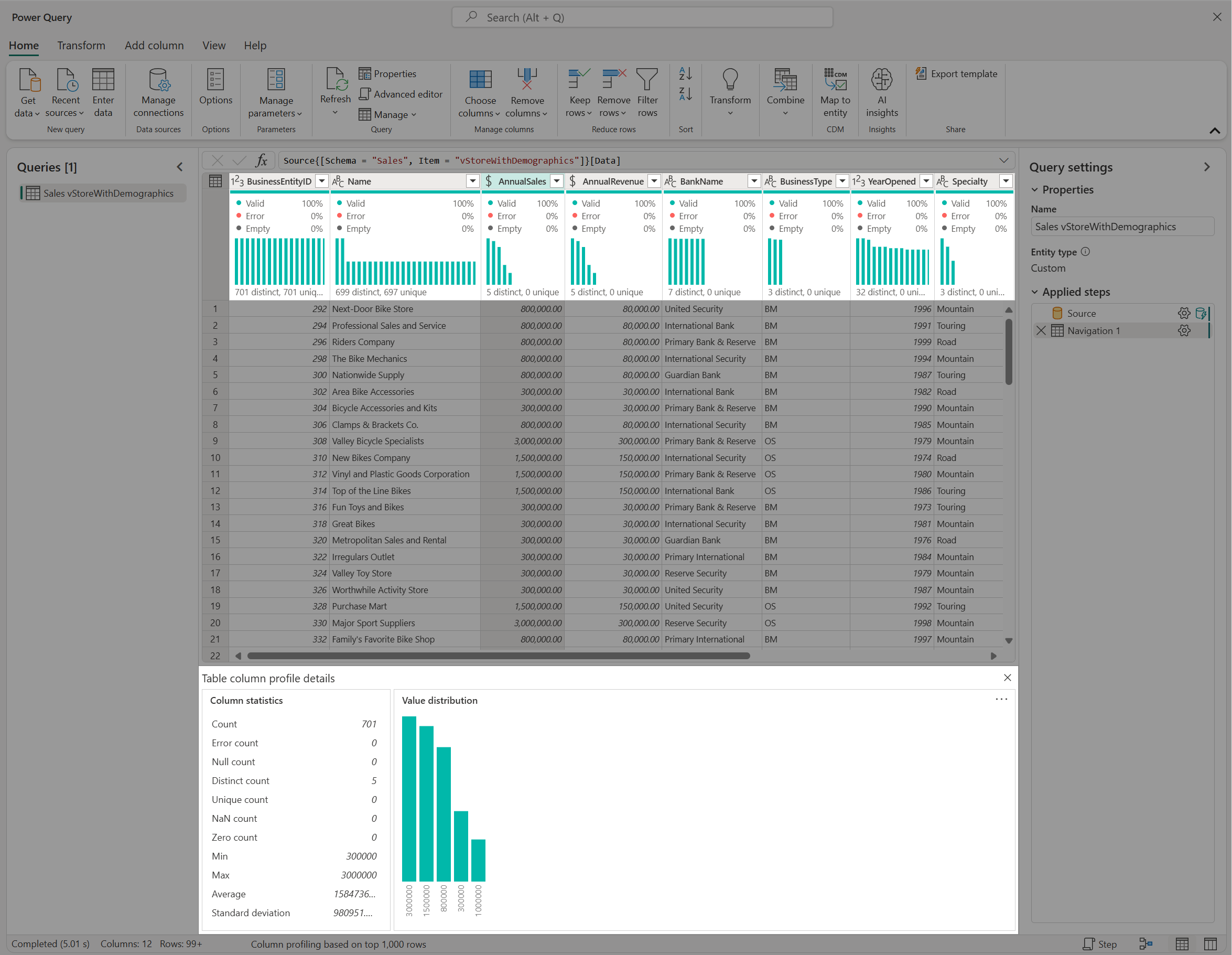 Screenshot of the data preview or data profiling tools in Power Query.