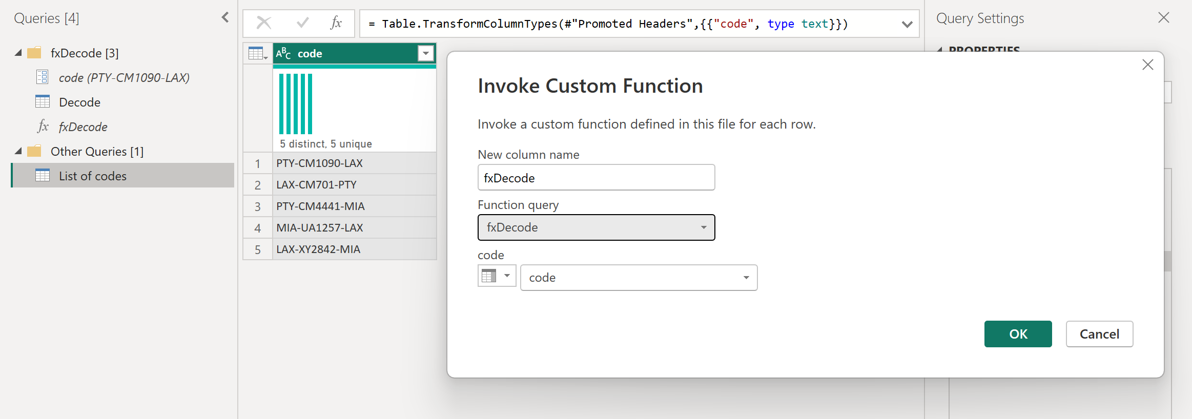 Screenshot of the list of codes with the Invoke Custom Function values filled in.