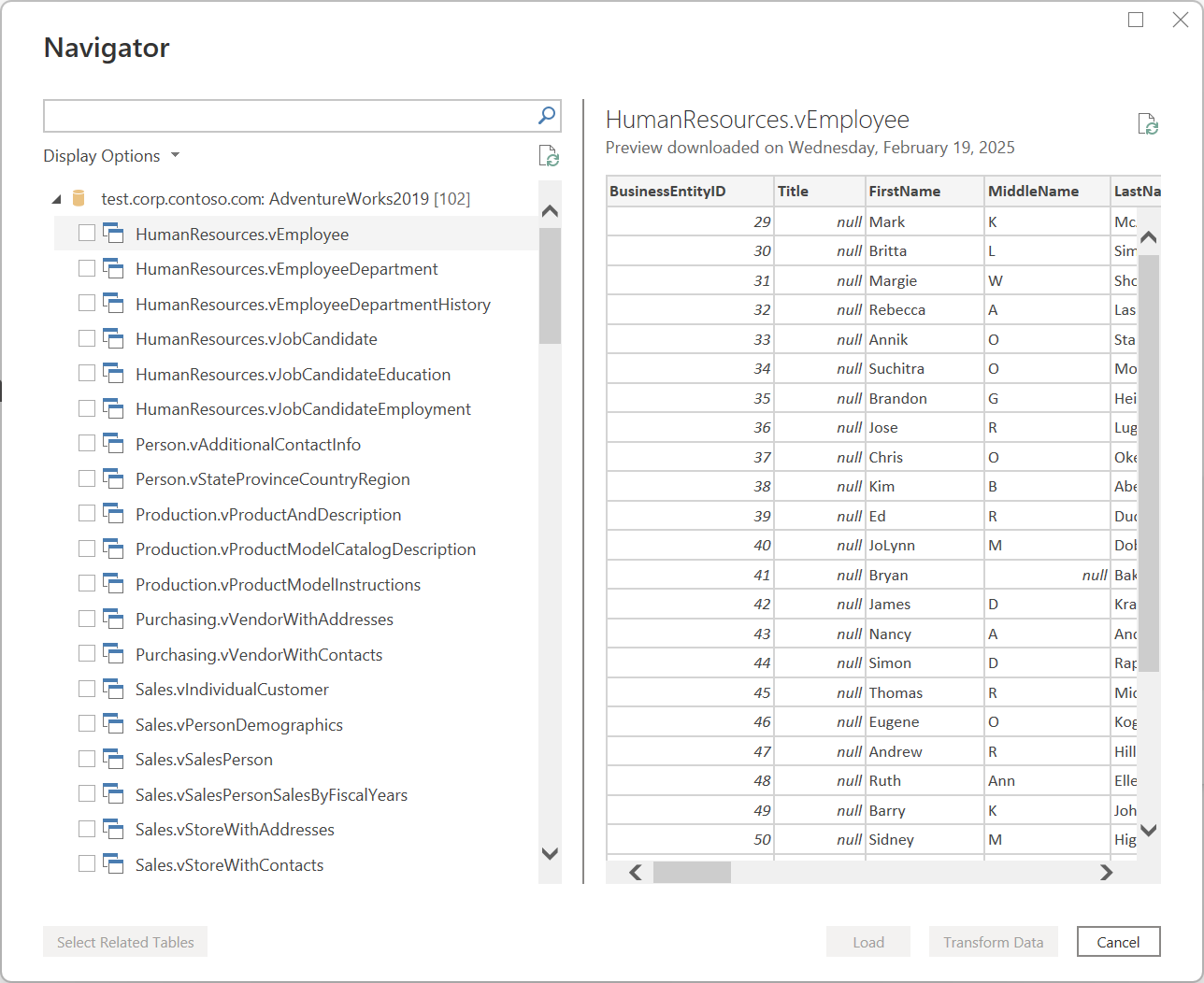 Screenshot of a sample navigator window showing where to select the data you require and the data preview pane.