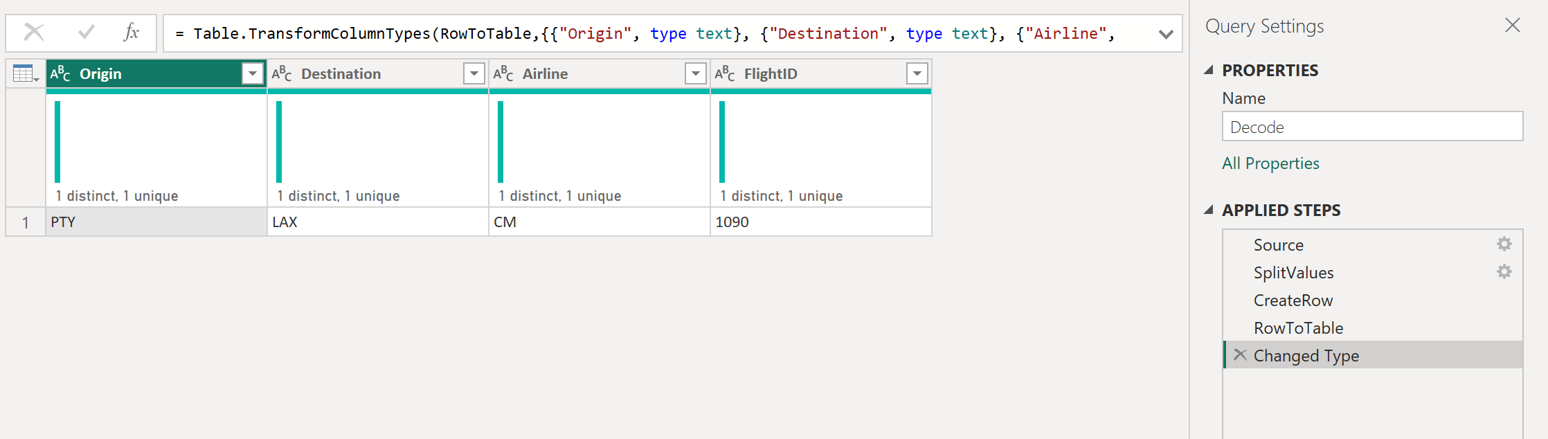 Screenshot of the sample transform query with each part in its own column.