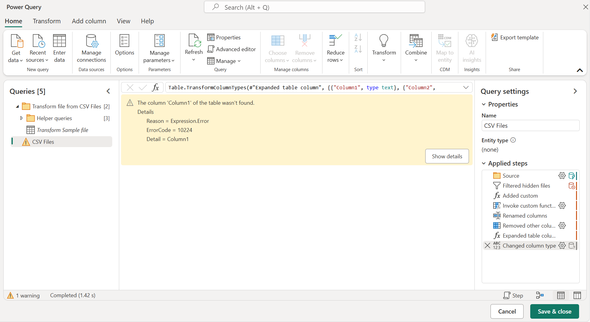 Screenshot of the Output query with the step-level error.