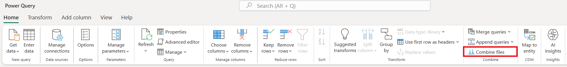 Screenshot with the Combine files command emphasized on the Home tab.