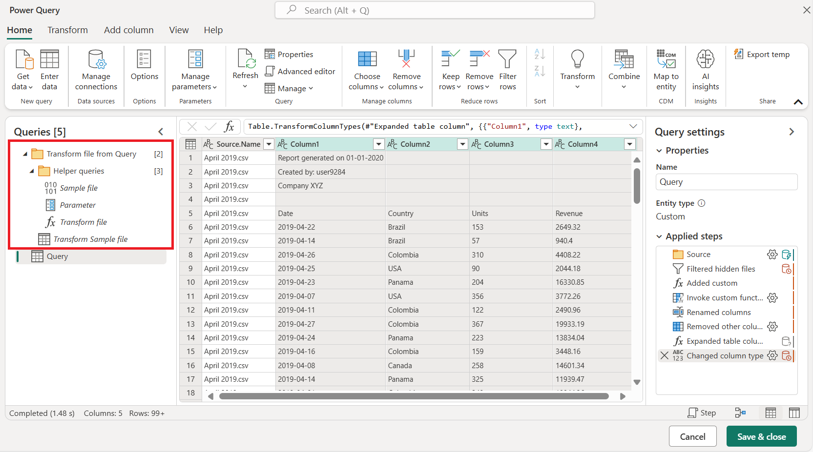 Screenshot of the Combined files output.