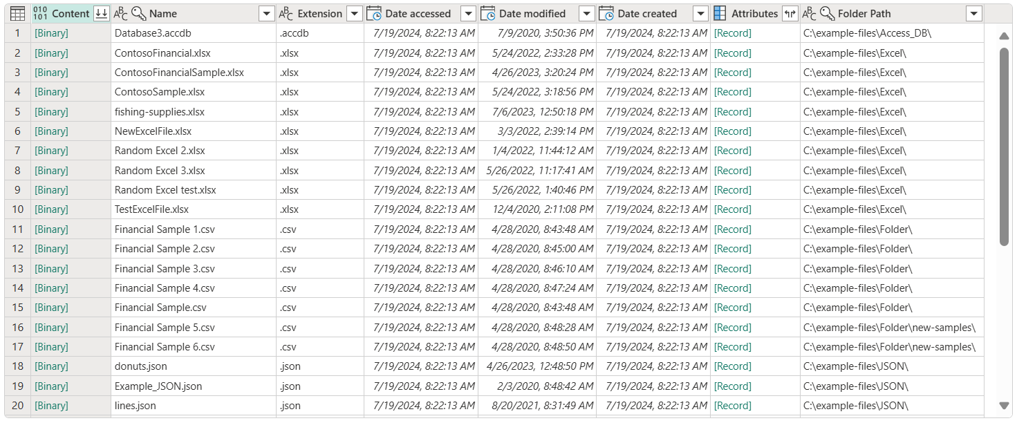 Screenshot of the file system view with multiple sample files displayed.