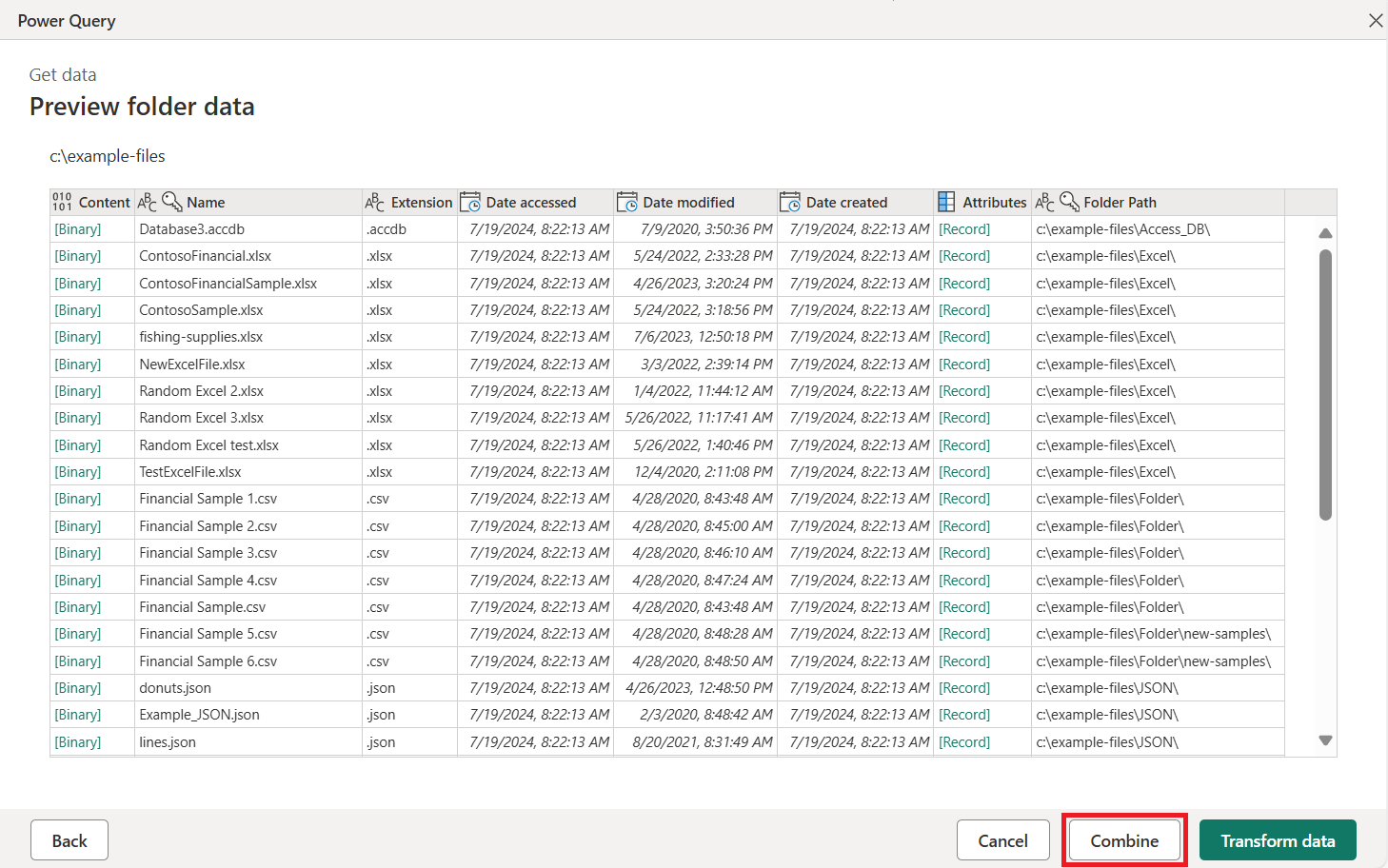 Screenshot of the table preview with the Combine option emphasized.