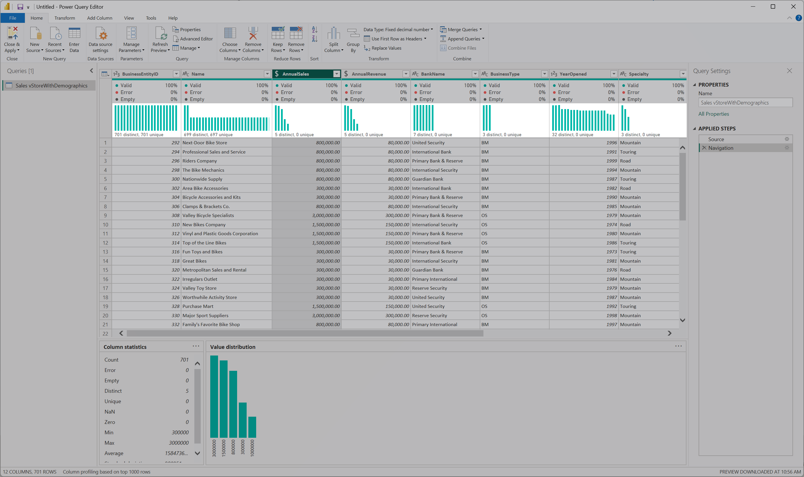 Screenshot of the data profiling tools with the upper column distribution emphasized.