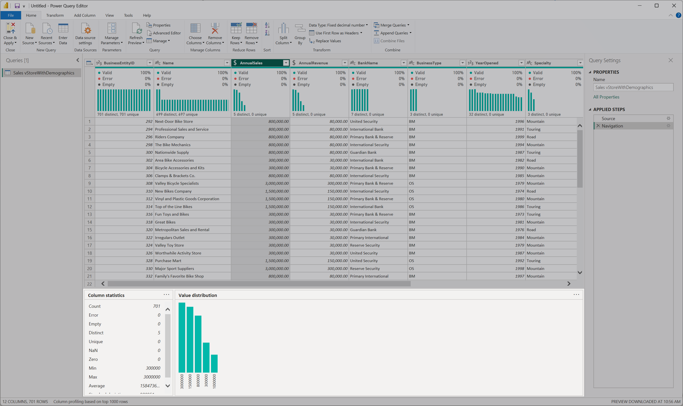 Screenshot of the data profiling tool with the column profile emphasized.