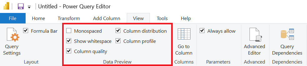 Screenshot of the Data profiling tools selected under the Power Query View tab.