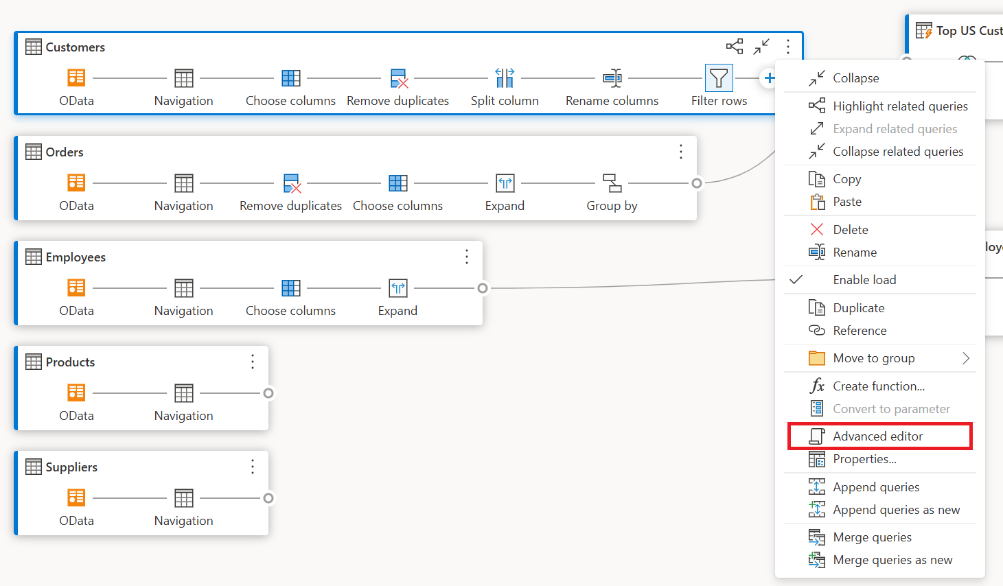 Screenshot of the advanced editor option inside the query contextual menu emphasized.