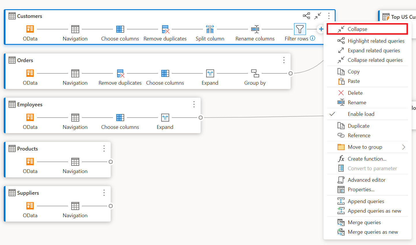 Screenshot of the Collapse option inside the query context menu after right-clicking the query.