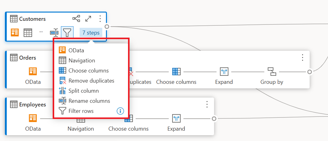 Callout showing the available steps in the Customers query after hovering over the number of steps label in the query.