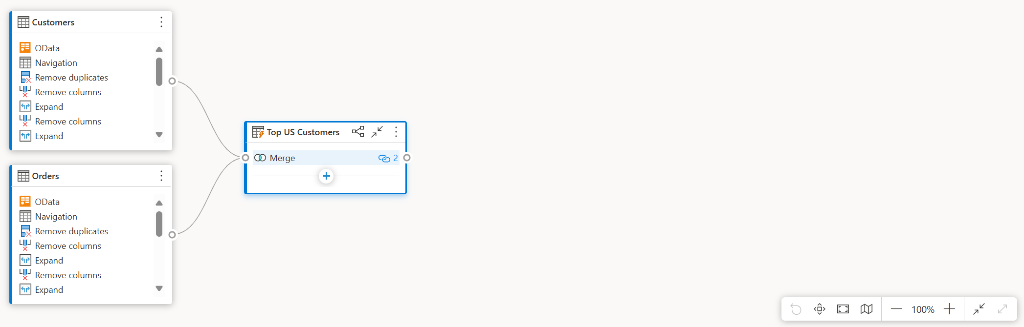 Screenshot of the Diagram view showing a query in compact view, where steps are displayed top to bottom instead of left to right.