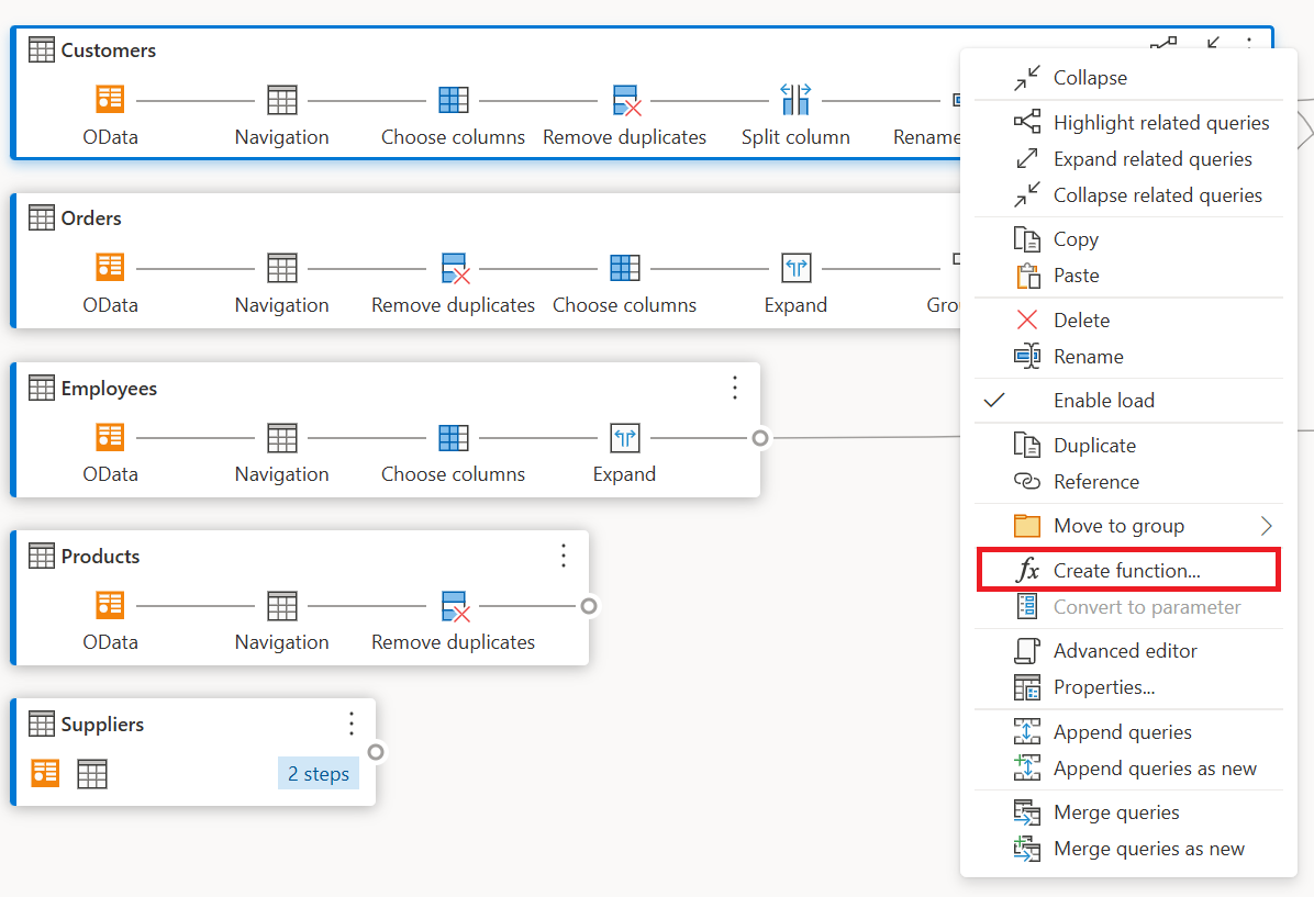 Screenshot of the create function option inside the query contextual menu emphasized.
